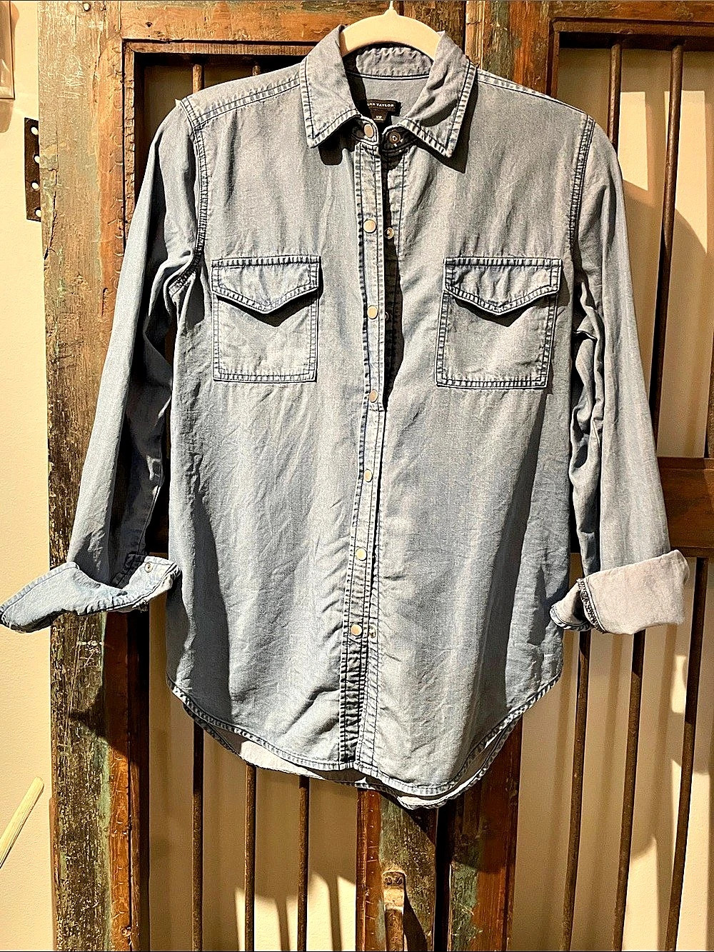 Ann Taylor Denim Utility Shirt Blue Button Down Shirt